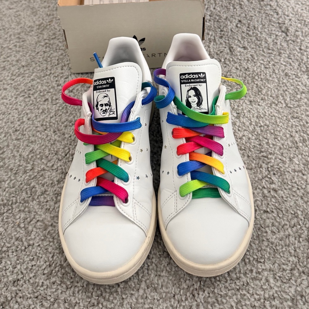 Stella McCartney /Adidas White Sneakers with Rainbow Laces